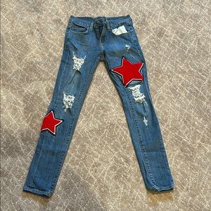 Women's Blue Jeans with Red Star Patches